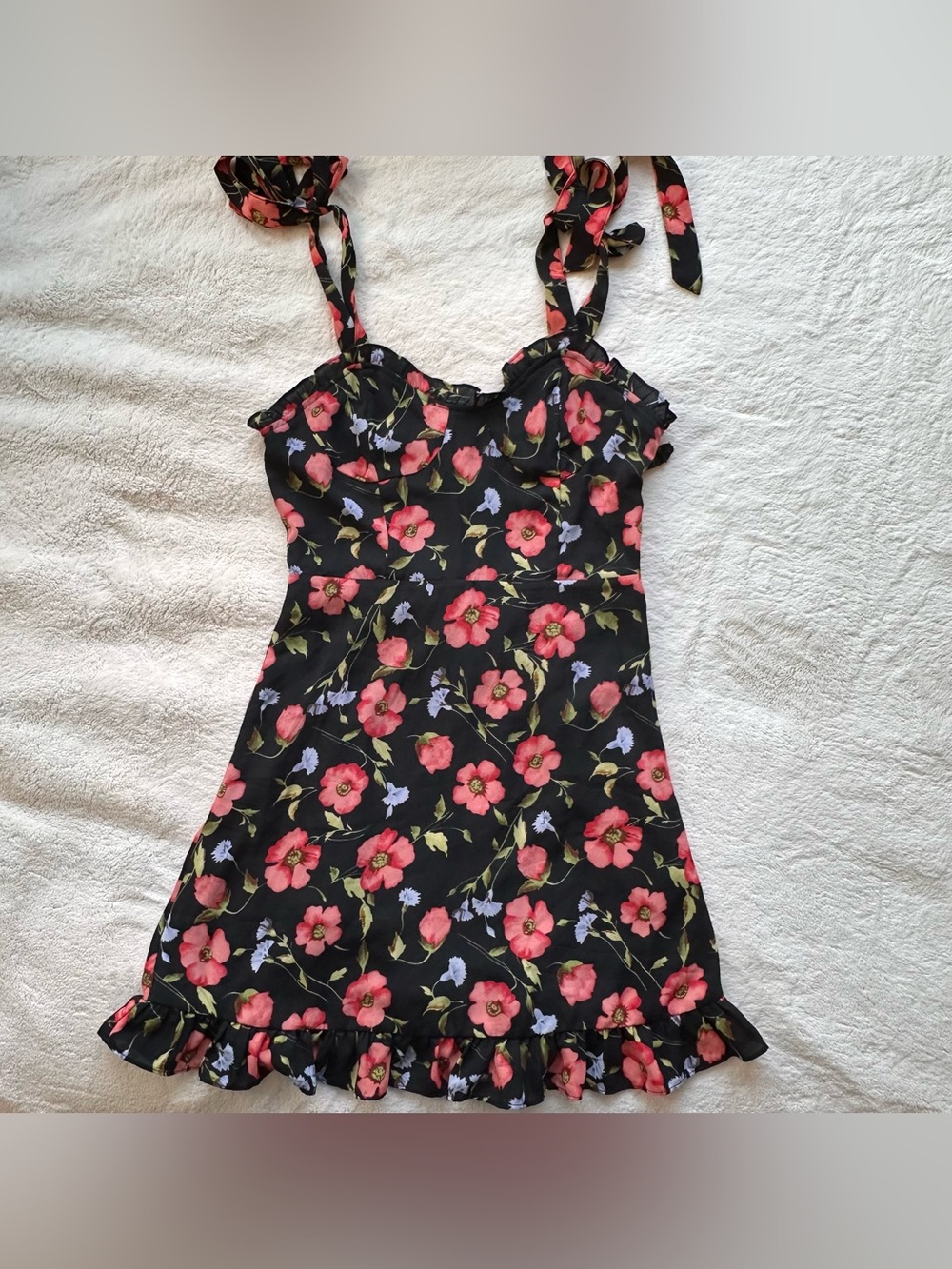 Forever 21 Black Floral Ruffled Slip Dress with Tie Straps